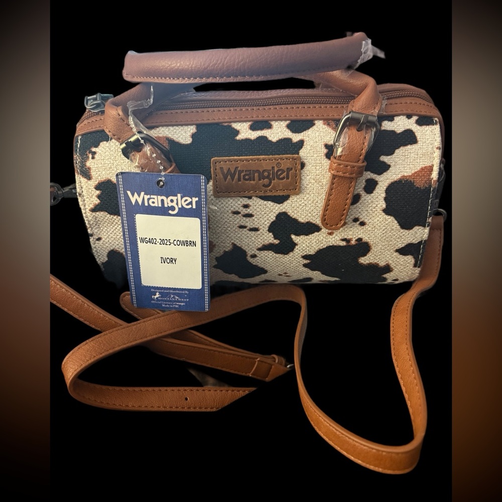 Wrangler NWT Cow Print Crossbody Barrel Handbag - Picture 7 of 7